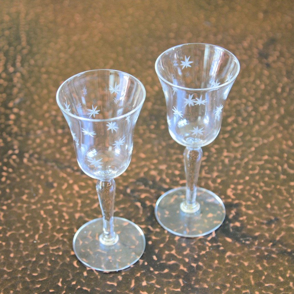 Vintage Star Etched Stemmed Cordial Glass ~ set of 2